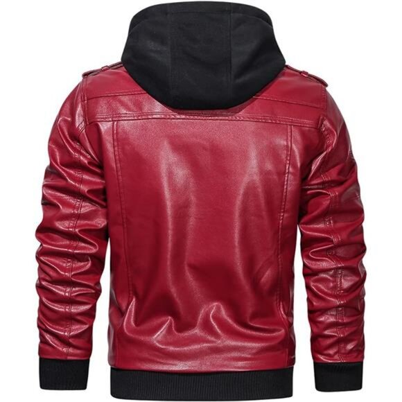 HOOD CREW Men’s Casual Stand Collar PU Faux Leather Zip-Up Motorcycle Bomber - Picture 3 of 6
